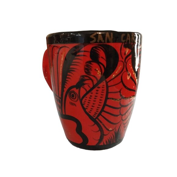Red Mexican Pottery Mug Bird Gold Glitter Sparkly San Carlos Sonora - Picture 1 of 7